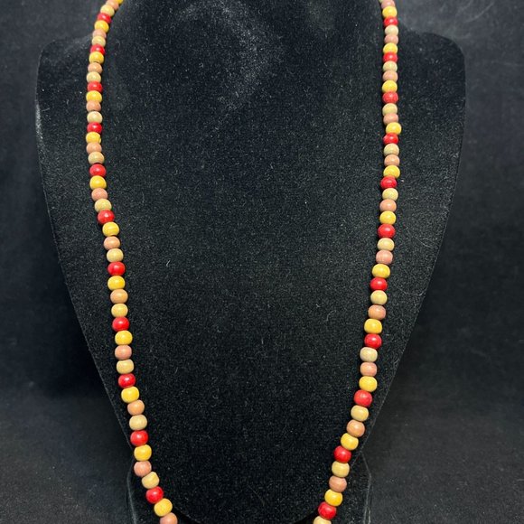 Vintage Red, Tan & Brown Wooden Bead Necklace And Bracelet Set (310) - Picture 2 of 7